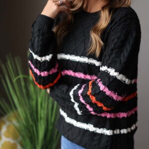 Black Multi Stripe Textured Pullover Sweater