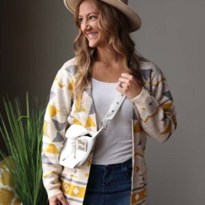 Mustard Gray Ivory Geometric Open Front  • M or 2XL PLUS