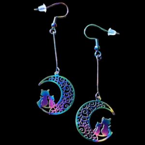 Crescent Moon with Cats Iridescent Earrings