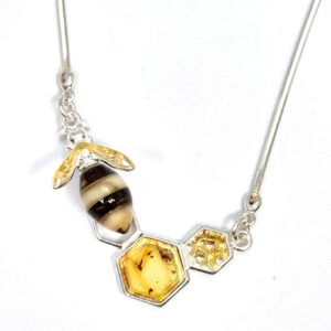 Honey Bee Necklace –Baltic Amber and Sterling Silver with 14K Gold Plated Accents