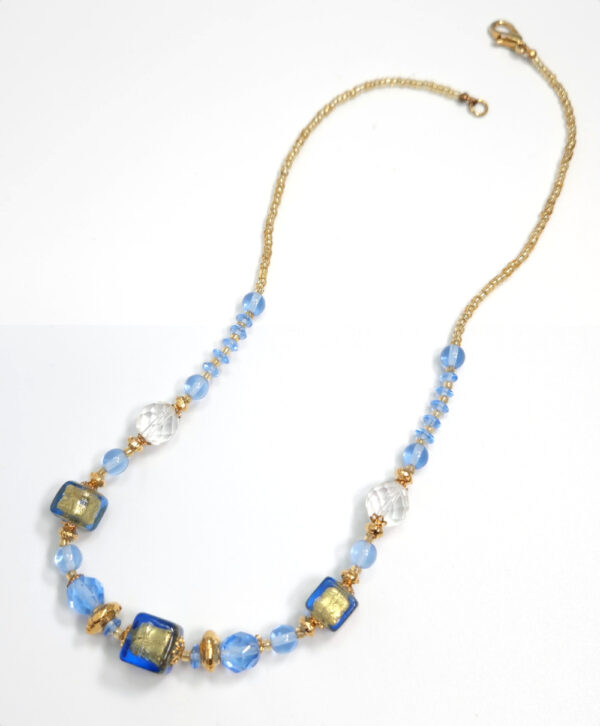 Murano Glass Necklace Made With Unique Blue Art Glass Cube Beads