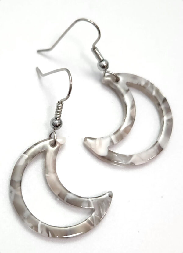 Crescent Moon Earrings – Tan and White Resin With Stainless Steel
