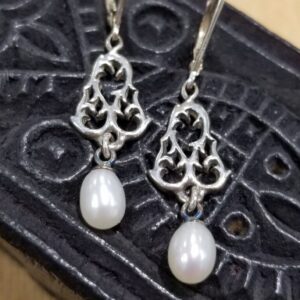 White Fresh Water Pearl With Sterling Silver Filigree Lever Back Drop Earrings