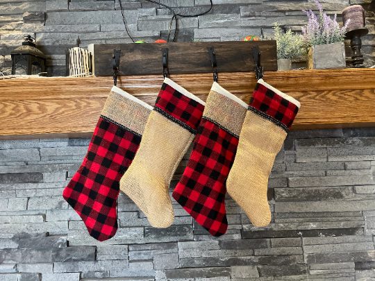 Burlap Christmas Stocking  | White Muslin Christmas Stocking | Rustic Christmas Decor | Buffalo Plaid Christmas Stockings | Christmas Mantel