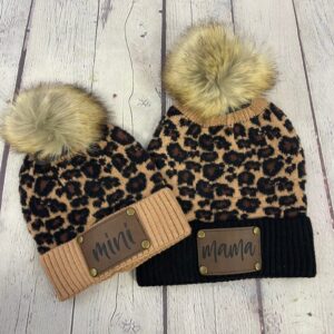 Mama & Mini Cheetah Personalized Leather Patch Stocking Hat Set