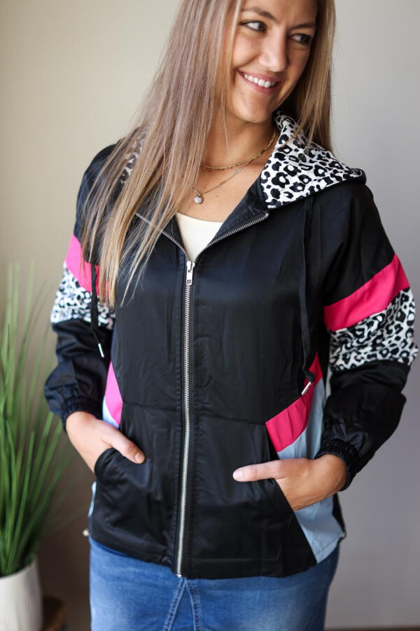 Black Leopard Pink Colorblock Hooded Jacket • S