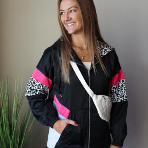 Black Leopard Pink Colorblock Hooded Jacket • S or L