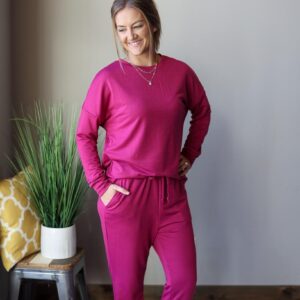 Wine Pullover Jogger Pants Lounge Top Set • M
