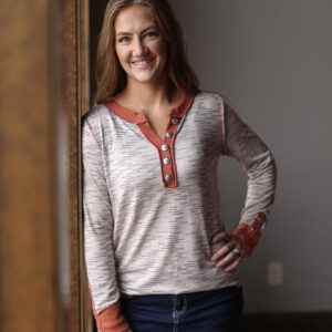 Latte Rust Ribbed Button Detail Top