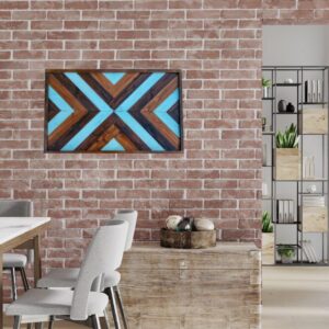 Geometric Wood Wall Art with Turquoise and White Accents