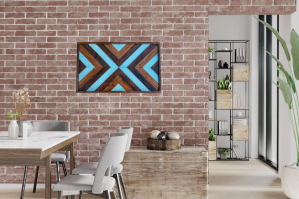 Geometric Wood Wall Art with Turquoise and White Accents