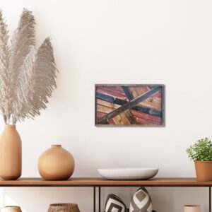 Rustic Geometric Wood Wall Art with Dark Brown and Red Accents 15.5″ x 9.5″
