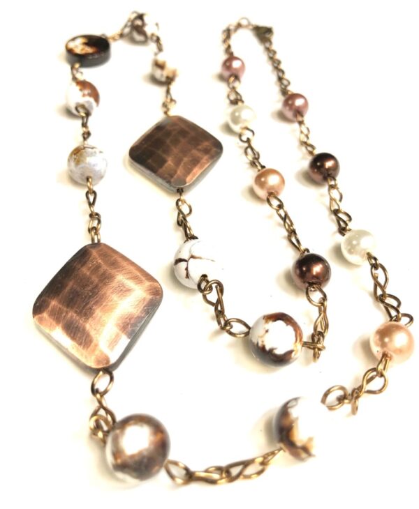 Handmade Copper Plated, Brown & White Necklace