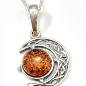 Baltic Amber and Sterling Silver Celtic Knot Crescent Moon Necklace