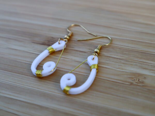 Earrings, Teardrop Hook Shape, 3D printed White, Hand Tied Wire