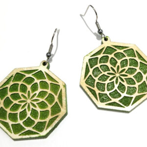 Green Lotus Flower Mandala Wooden Earrings