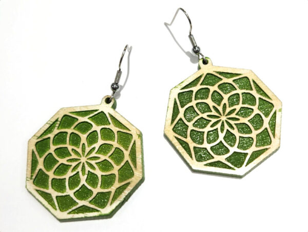 Green Lotus Flower Mandala Wooden Earrings