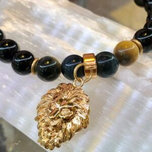 Black Onyx and Tiger Eye 8mm with 18k gold Covered Lion Charm
