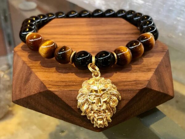 Black Onyx & Tiger Eye 8mm with 18k Gold Covered Lion Charm