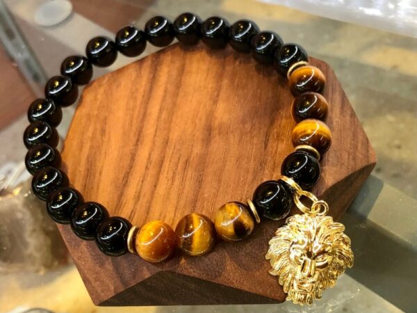 Black Onyx & Tiger Eye 8mm with 18k Gold Covered Lion Charm