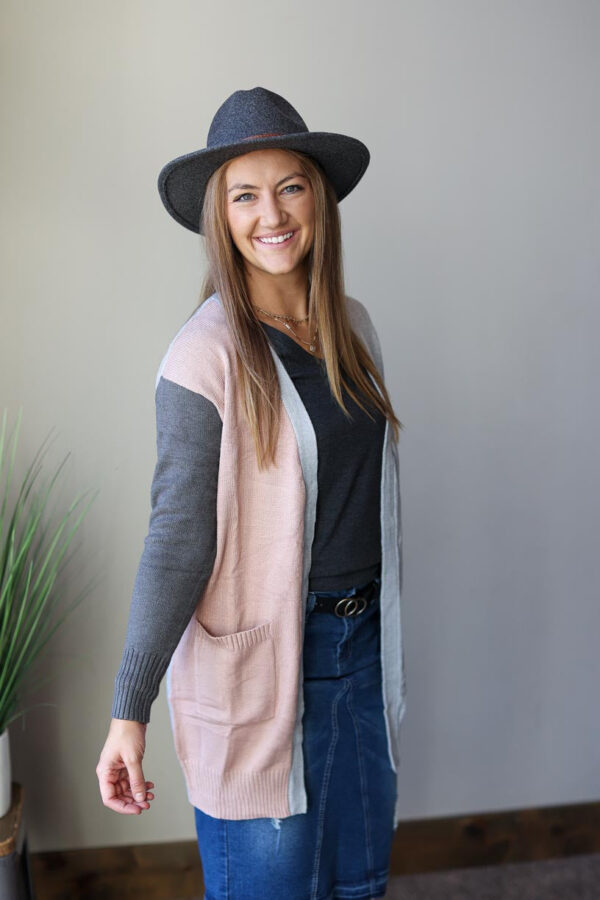 Grey Blush Colorblock Pocket Ribbed Detail Cardigan • S