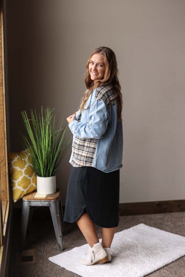 Blue Plaid Patchwork Denim Jacket