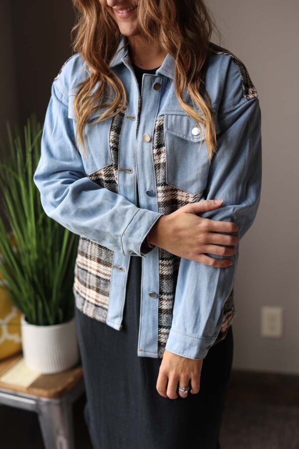 Blue Plaid Patchwork Denim Jacket
