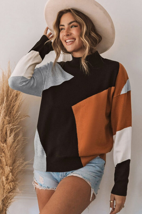 Camel Black Colorblock Mock Neck Drop Shoulder Sweater • S