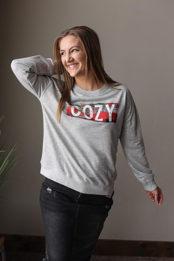 Grey “COZY” Plaid Print Sweatshirt • S-2XL PLUS