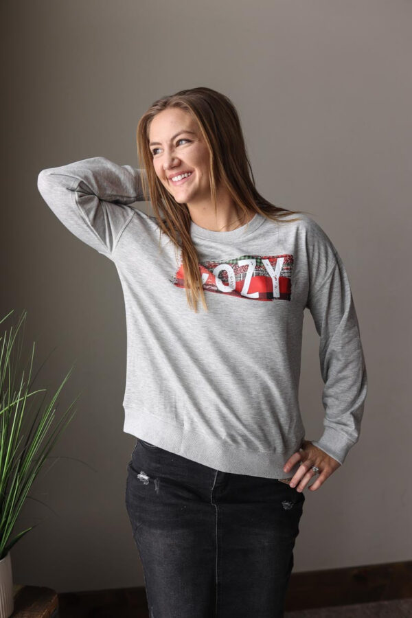 Grey “COZY” Plaid Print Sweatshirt • S-2XL PLUS