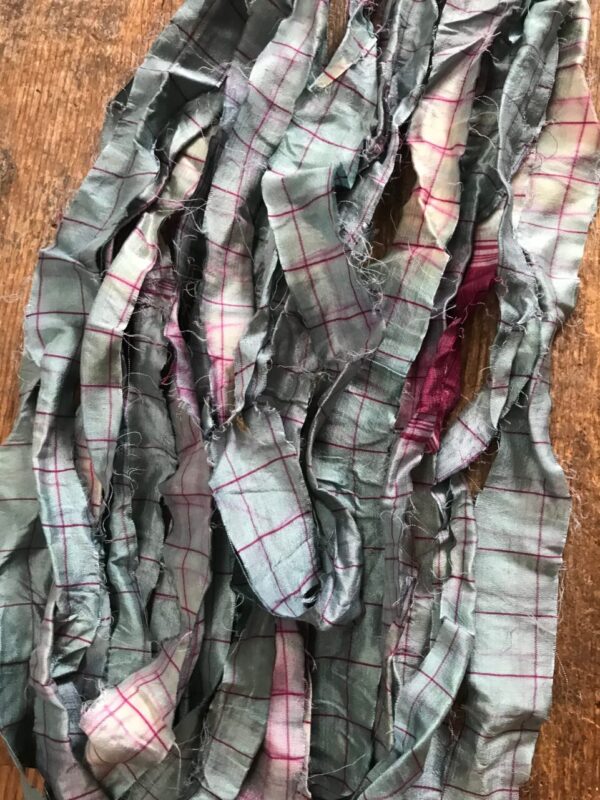 Teal and Pink Squares Hand Dyed Sari Silk Yarn, 20 Yards