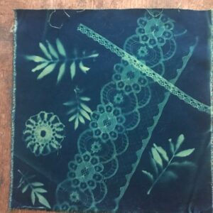 Leaves and Lace – Cyanotype printed cotton fabric squares