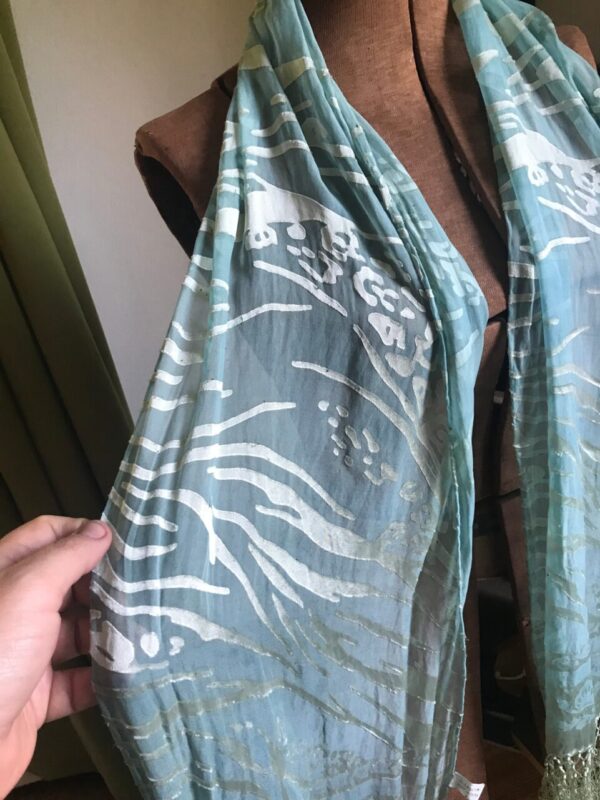 Water patterned naturally hand dyed silk scarf with fringe