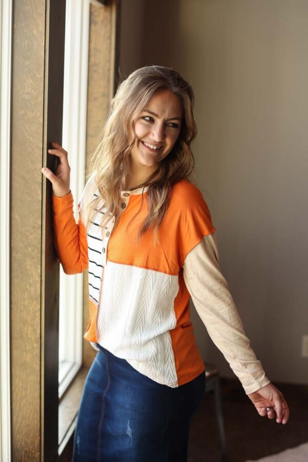 Orange White Stripe Colorblock Splicing Henley Top