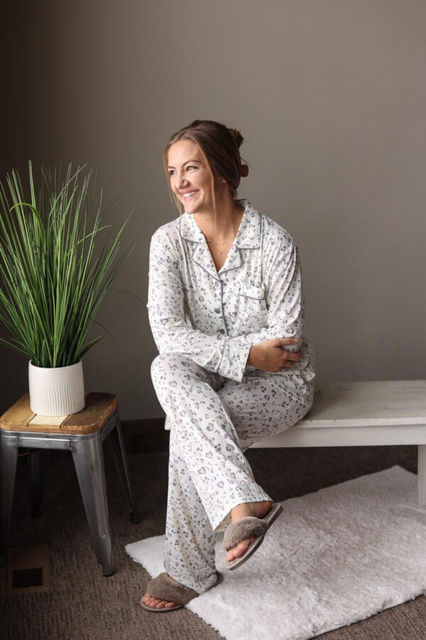 White Leopard Print Long Sleeve Pajama Lounge Set