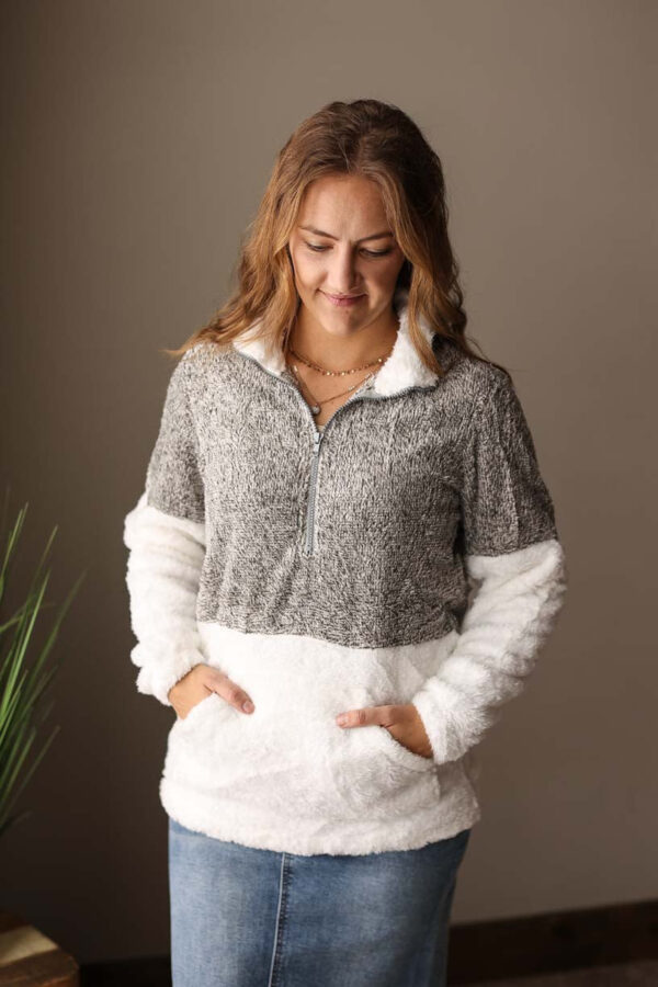 Grey White Quarter Zip Cozy Fleece Pullover Top • S-XL