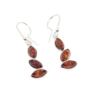 Baltic Amber Marquise Shape Three Stone Sterling Silver Earrings