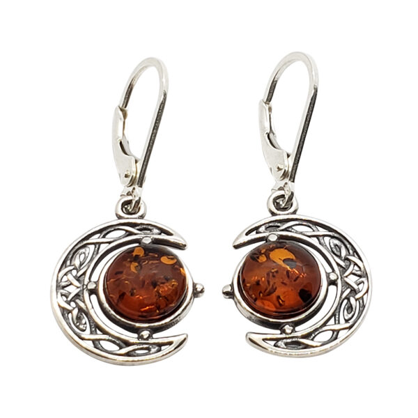 Baltic Amber and Sterling Silver Celtic Knot Crescent Moon Earrings