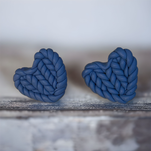 Knit Heart Earrings in Navy
