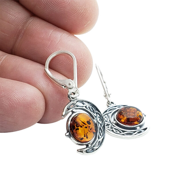 Baltic Amber and Sterling Silver Celtic Knot Crescent Moon Earrings