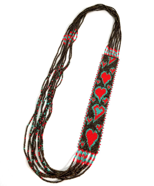 Long Heart Necklace – Bright Red, Light Blue, and Bronze Woven Seed Beads