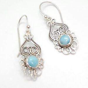 Light Blue Larimar Circle Gemstone and Sterling Silver Filigree Dangle Earrings