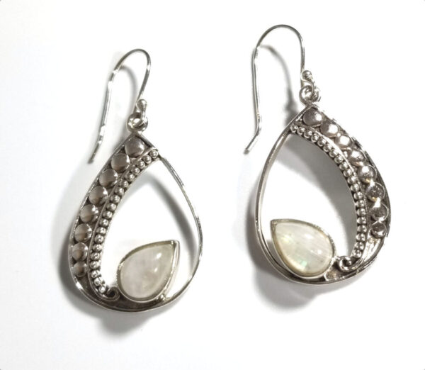 Rainbow Moonstone Sterling Silver Drop Earrings with Fancy Silver Settings