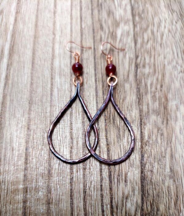 Copper Teardrop Hoop Earrings with Dark Red Bead