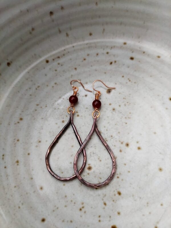 Copper Teardrop Hoop Earrings with Dark Red Bead