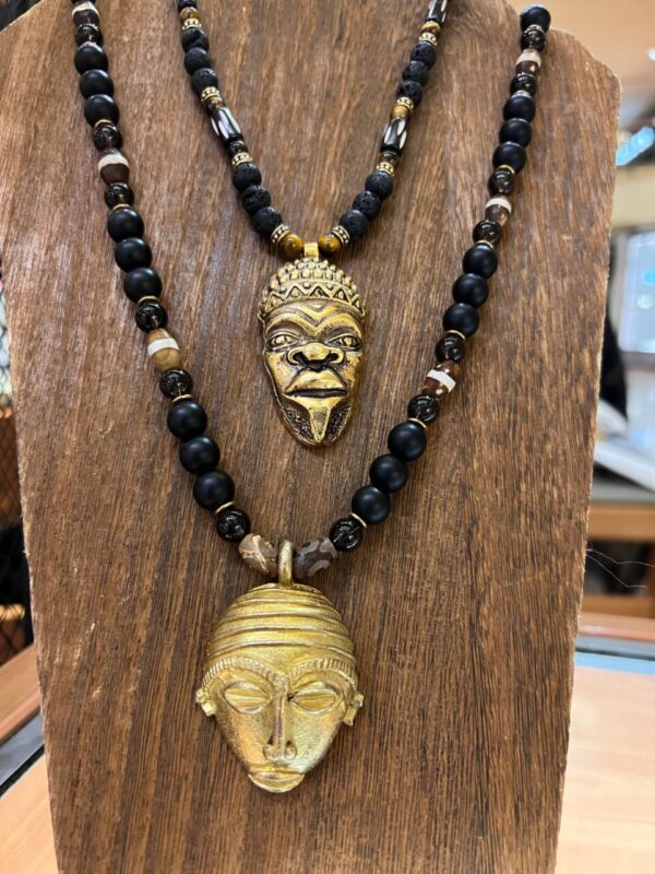 African Ancestor Mask Pendant with Black Onyx, Smoky Quartz, and DZI Agate