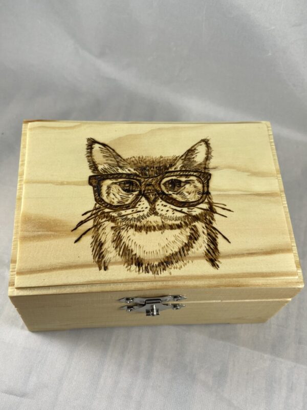 Hipster Cat Wood Burn Trinket Box