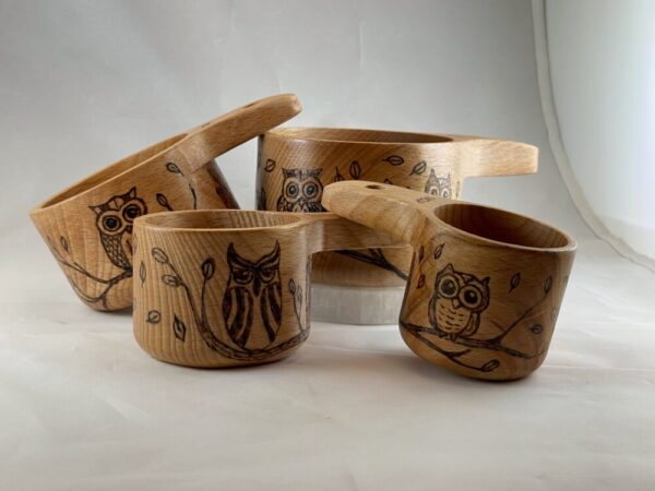 Owl Mandala Wood Burned Measuring Cup Set