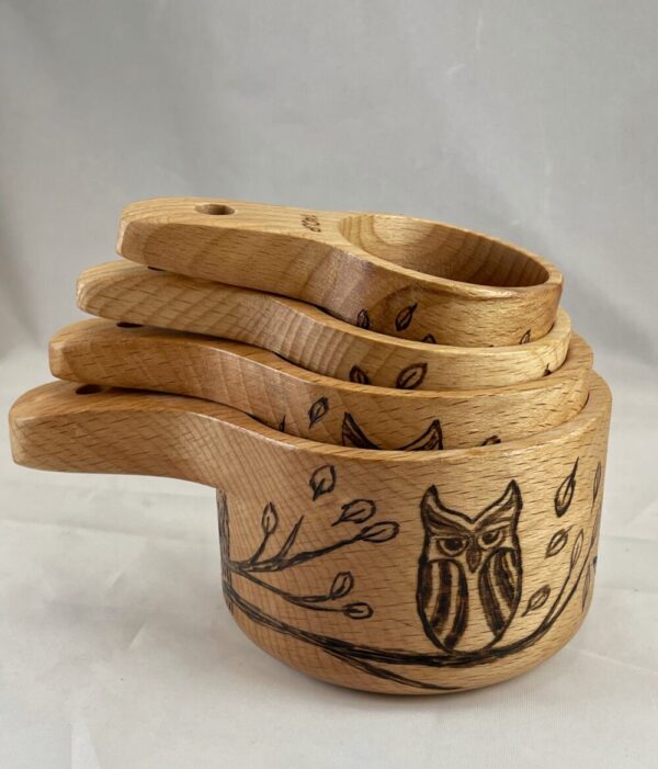 Owl Mandala Wood Burned Measuring Cup Set