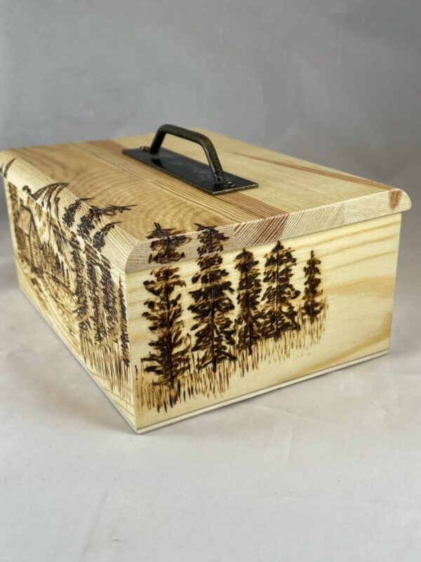 Cabin, Mountains, Pine Tree Forest Wood Burned Trinket Box